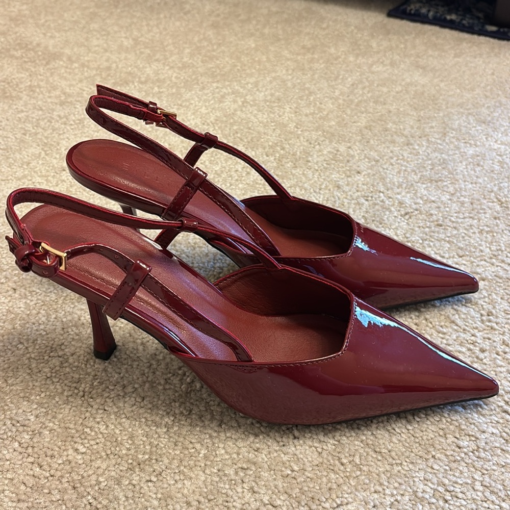 NWT Cherry Red Slingback Heels Faux Leather Burgundy Pointed Toe